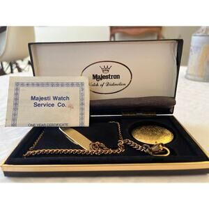 Vintage Majestron Moon Phase Pocket Watch Set Gold Tone w/ Knife & Box Working